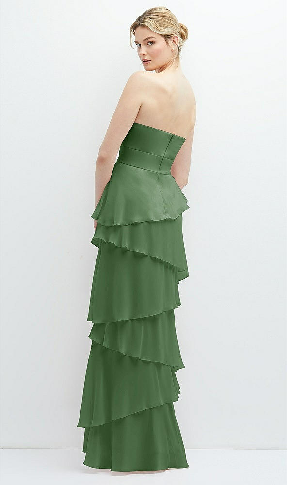 Back View - Vineyard Green Strapless Asymmetrical Tiered Ruffle Chiffon Maxi Dress