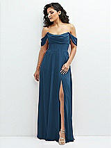 Front View Thumbnail - Dusk Blue Chiffon Corset Maxi Dress with Removable Off-the-Shoulder Swags