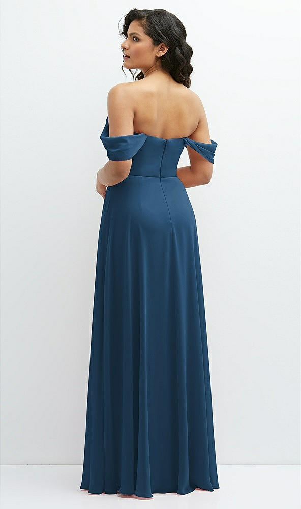 Back View - Dusk Blue Chiffon Corset Maxi Dress with Removable Off-the-Shoulder Swags