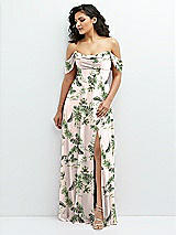 Front View Thumbnail - Palm Beach Print Chiffon Corset Maxi Dress with Removable Off-the-Shoulder Swags