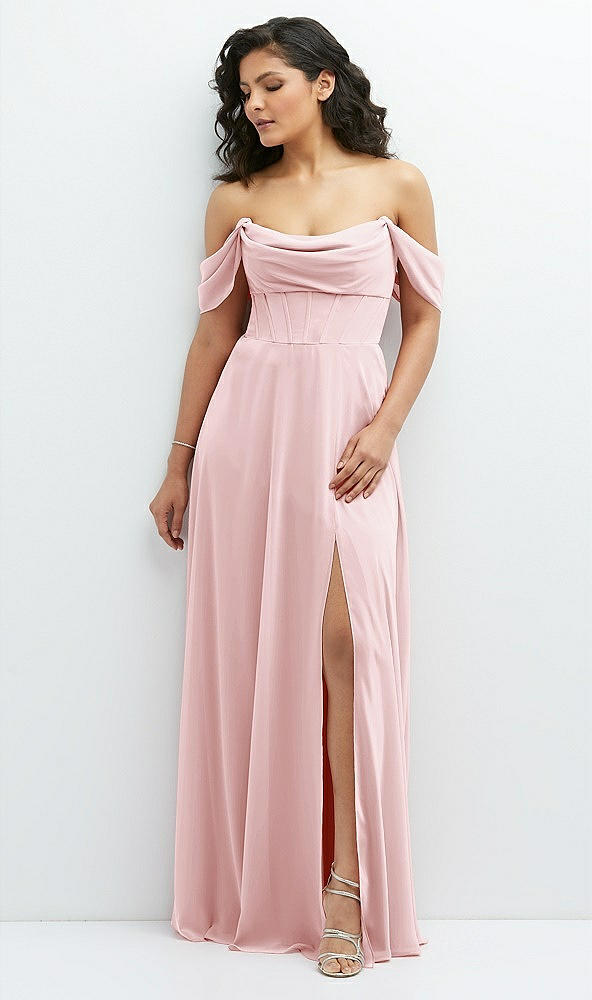Front View - Ballet Pink Chiffon Corset Maxi Dress with Removable Off-the-Shoulder Swags