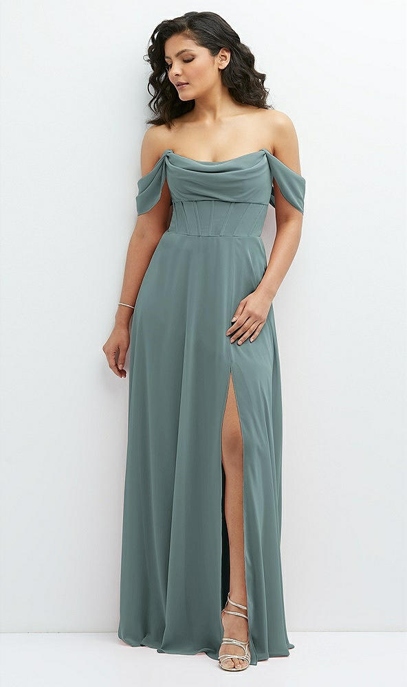 Front View - Icelandic Chiffon Corset Maxi Dress with Removable Off-the-Shoulder Swags