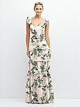 Front View Thumbnail - Palm Beach Print Tiered Chiffon Maxi A-line Dress with Convertible Ruffle Straps