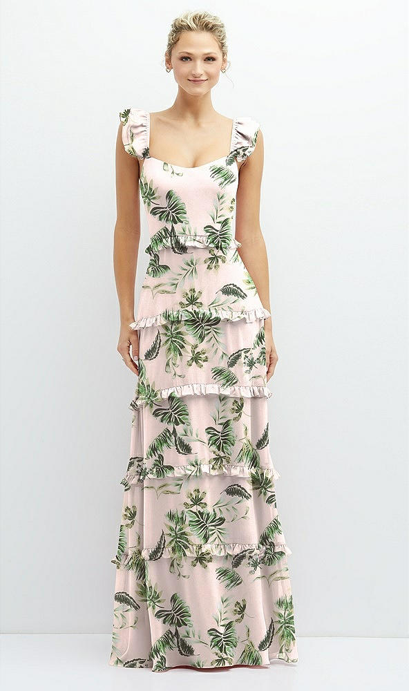 Front View - Palm Beach Print Tiered Chiffon Maxi A-line Dress with Convertible Ruffle Straps