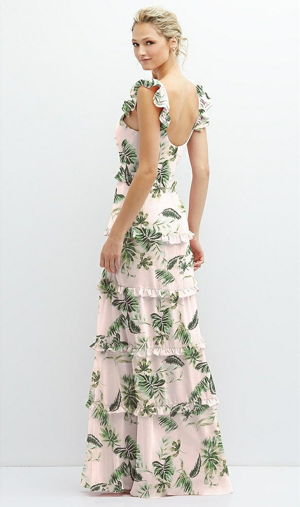 Back View - Palm Beach Print Tiered Chiffon Maxi A-line Dress with Convertible Ruffle Straps