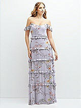 Alt View 1 Thumbnail - Butterfly Botanica Silver Dove Tiered Chiffon Maxi A-line Dress with Convertible Ruffle Straps