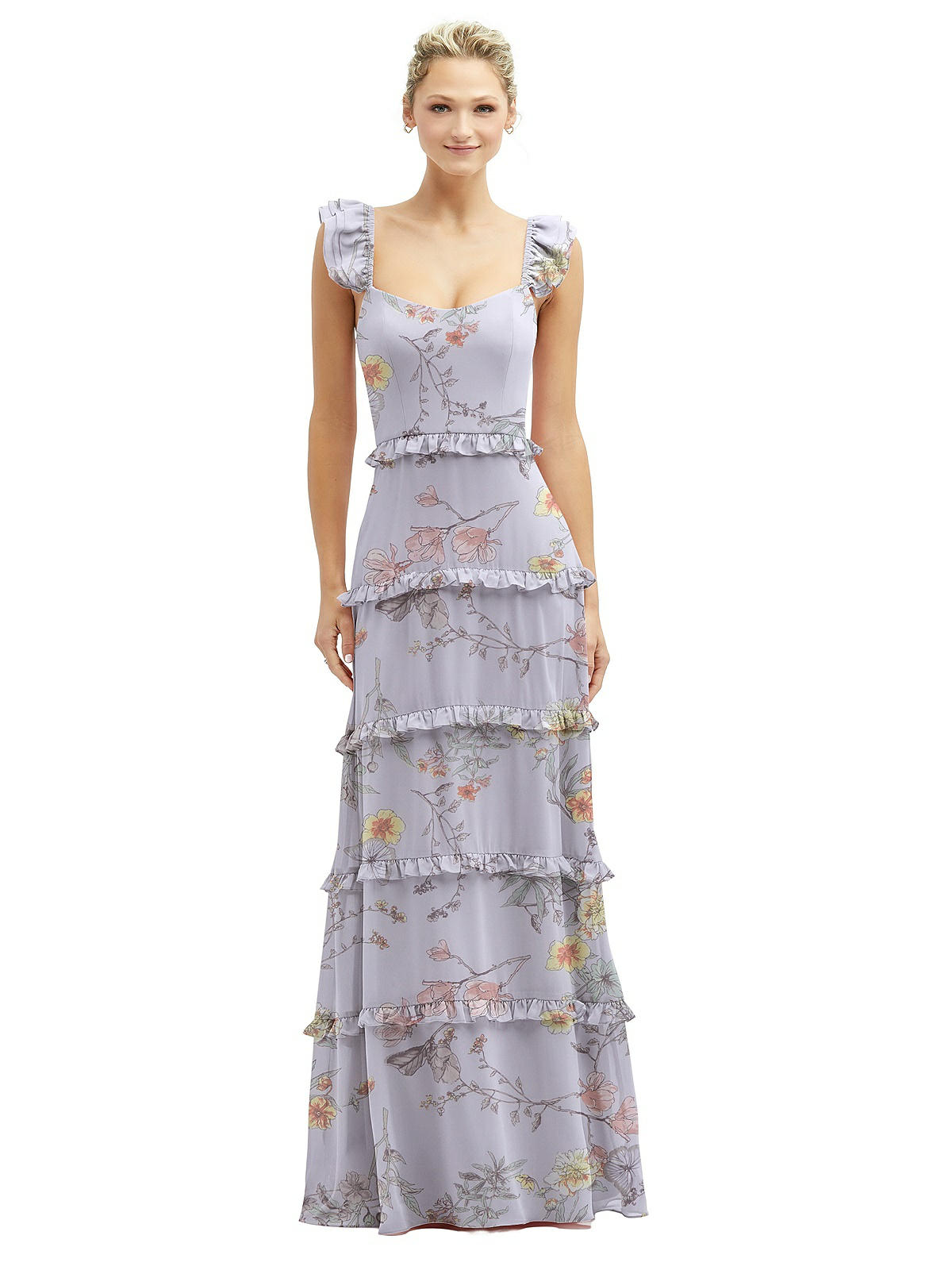 Tiered Chiffon Maxi A-line Dress with Convertible Ruffle Straps