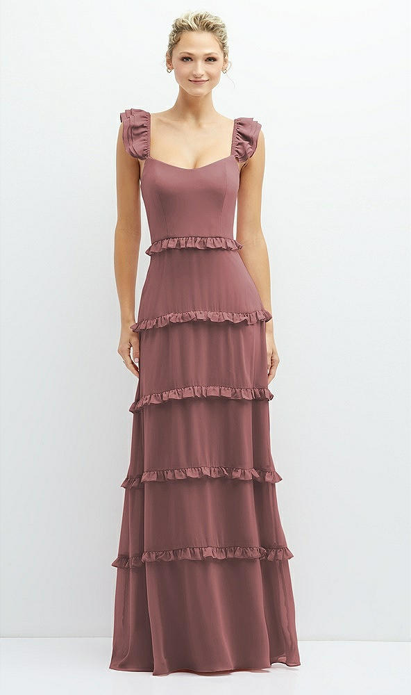 Front View - Rosewood Tiered Chiffon Maxi A-line Dress with Convertible Ruffle Straps