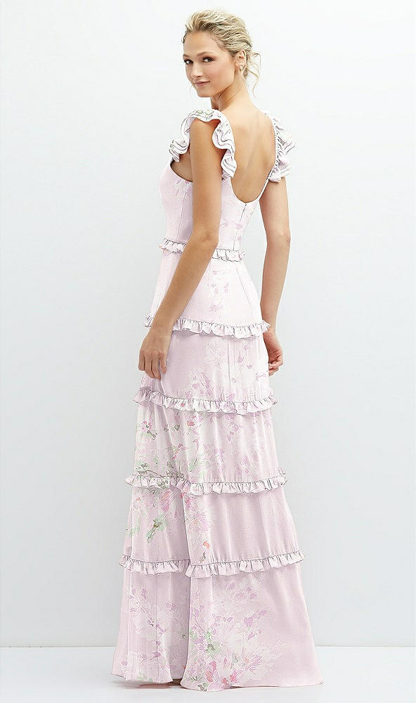 Back View - Watercolor Print Tiered Chiffon Maxi A-line Dress with Convertible Ruffle Straps