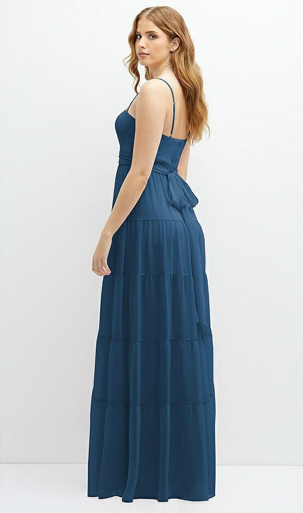 Back View - Dusk Blue Modern Regency Chiffon Tiered Maxi Dress with Tie-Back