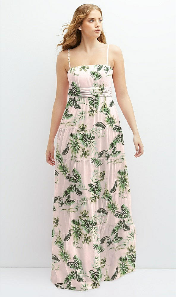 Front View - Palm Beach Print Modern Regency Chiffon Tiered Maxi Dress with Tie-Back