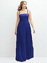 Front View Thumbnail - Cobalt Blue Modern Regency Chiffon Tiered Maxi Dress with Tie-Back