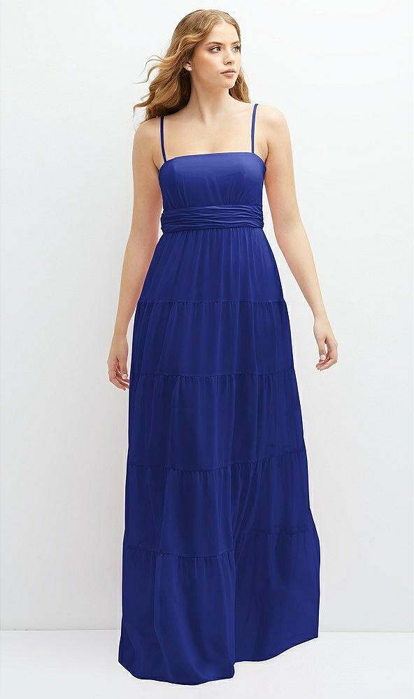 Front View - Cobalt Blue Modern Regency Chiffon Tiered Maxi Dress with Tie-Back