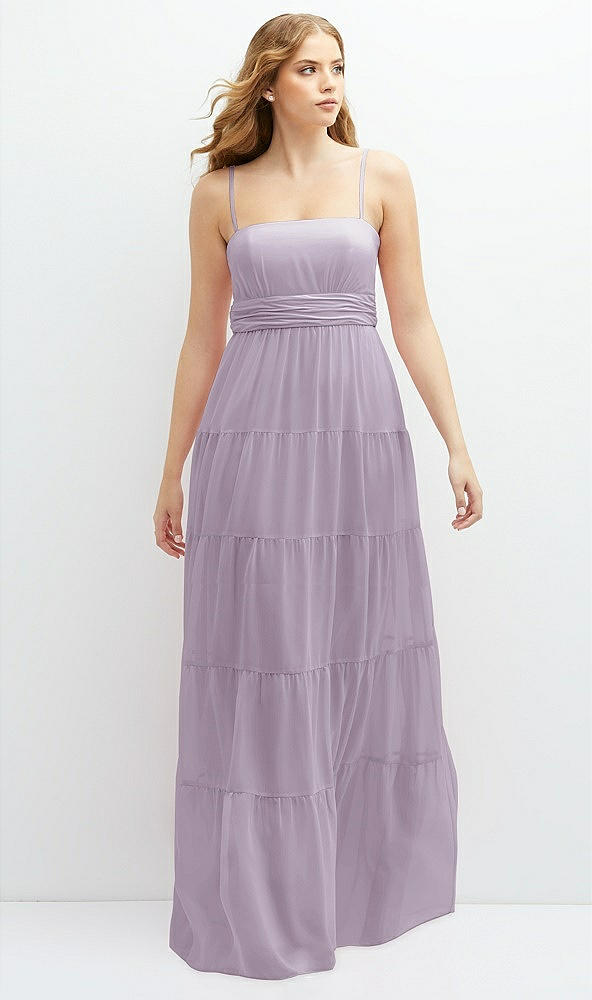 Front View - Lilac Haze Modern Regency Chiffon Tiered Maxi Dress with Tie-Back