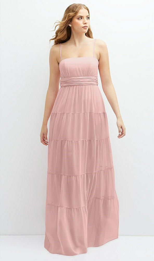 Front View - Rose - PANTONE Rose Quartz Modern Regency Chiffon Tiered Maxi Dress with Tie-Back