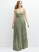 Front View Thumbnail - Sage Modern Regency Chiffon Tiered Maxi Dress with Tie-Back