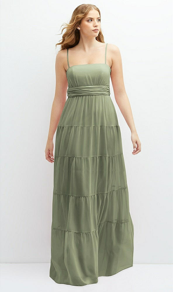 Front View - Sage Modern Regency Chiffon Tiered Maxi Dress with Tie-Back