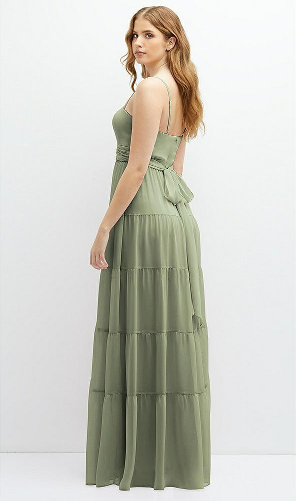 Back View - Sage Modern Regency Chiffon Tiered Maxi Dress with Tie-Back