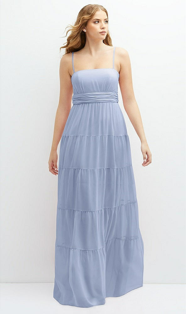 Front View - Sky Blue Modern Regency Chiffon Tiered Maxi Dress with Tie-Back