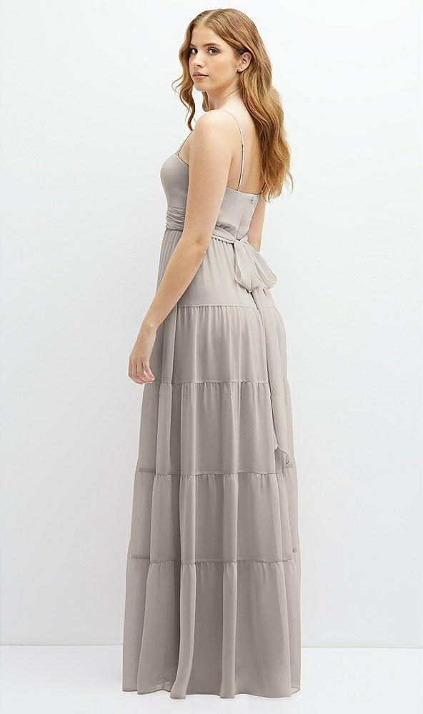 Back View - Taupe Modern Regency Chiffon Tiered Maxi Dress with Tie-Back