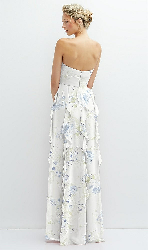 Back View - Bleu Garden Strapless Vertical Ruffle Chiffon Maxi Dress with Flower Detail