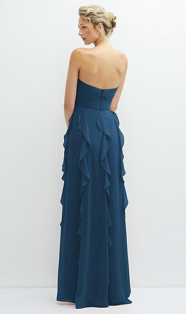 Back View - Dusk Blue Strapless Vertical Ruffle Chiffon Maxi Dress with Flower Detail