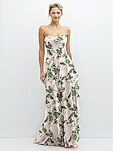 Front View Thumbnail - Palm Beach Print Strapless Vertical Ruffle Chiffon Maxi Dress with Flower Detail