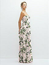 Side View Thumbnail - Palm Beach Print Strapless Vertical Ruffle Chiffon Maxi Dress with Flower Detail