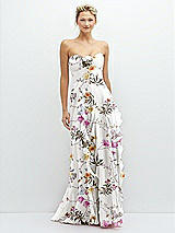 Front View Thumbnail - Butterfly Botanica Ivory Strapless Vertical Ruffle Chiffon Maxi Dress with Flower Detail
