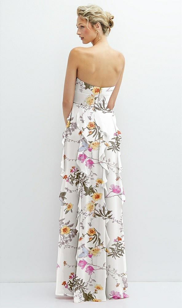 Back View - Butterfly Botanica Ivory Strapless Vertical Ruffle Chiffon Maxi Dress with Flower Detail