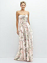 Front View Thumbnail - Blush Garden Strapless Vertical Ruffle Chiffon Maxi Dress with Flower Detail