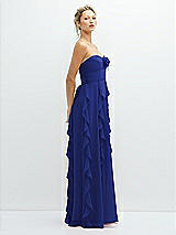 Side View Thumbnail - Cobalt Blue Strapless Vertical Ruffle Chiffon Maxi Dress with Flower Detail