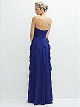 Rear View Thumbnail - Cobalt Blue Strapless Vertical Ruffle Chiffon Maxi Dress with Flower Detail