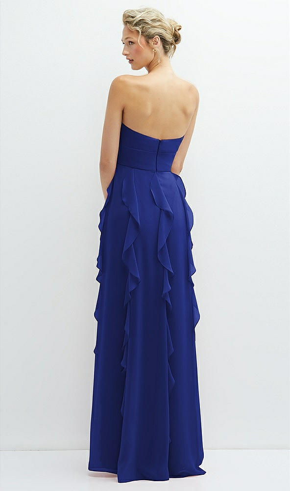 Back View - Cobalt Blue Strapless Vertical Ruffle Chiffon Maxi Dress with Flower Detail