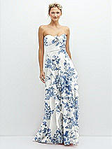 Front View Thumbnail - Cottage Rose Dusk Blue Strapless Vertical Ruffle Chiffon Maxi Dress with Flower Detail