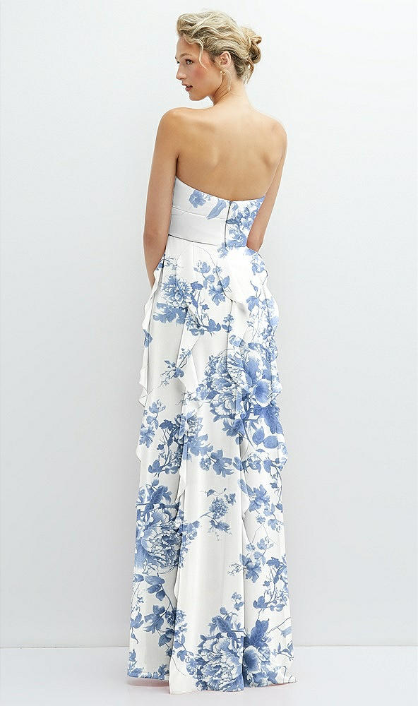 Back View - Cottage Rose Dusk Blue Strapless Vertical Ruffle Chiffon Maxi Dress with Flower Detail