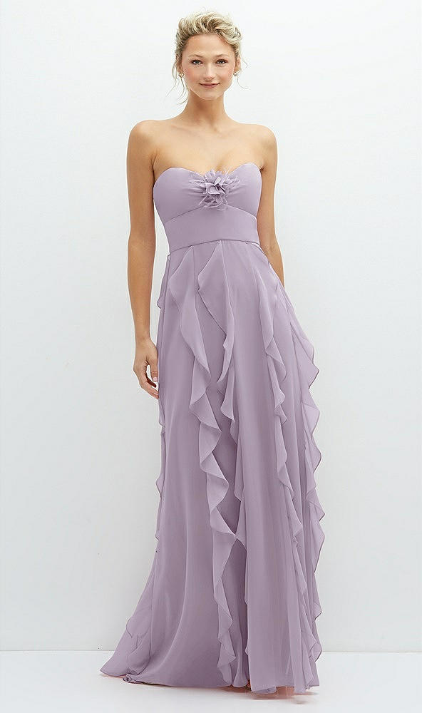 Front View - Lilac Haze Strapless Vertical Ruffle Chiffon Maxi Dress with Flower Detail