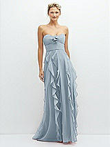 Front View Thumbnail - Mist Strapless Vertical Ruffle Chiffon Maxi Dress with Flower Detail