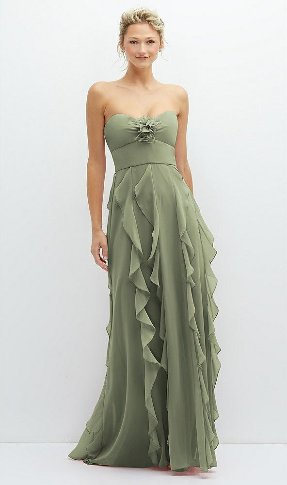 Front View - Sage Strapless Vertical Ruffle Chiffon Maxi Dress with Flower Detail