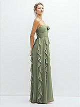 Side View Thumbnail - Sage Strapless Vertical Ruffle Chiffon Maxi Dress with Flower Detail