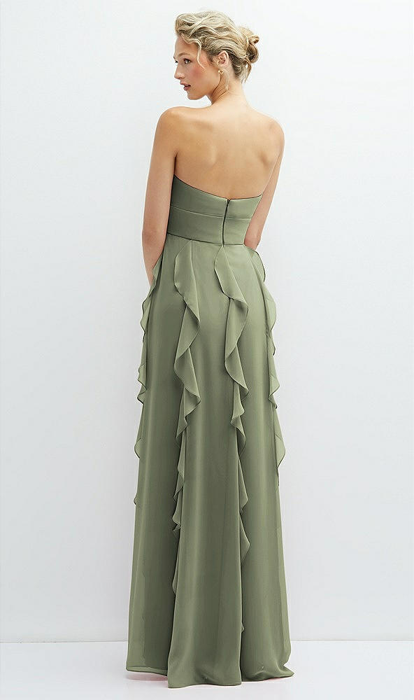 Back View - Sage Strapless Vertical Ruffle Chiffon Maxi Dress with Flower Detail