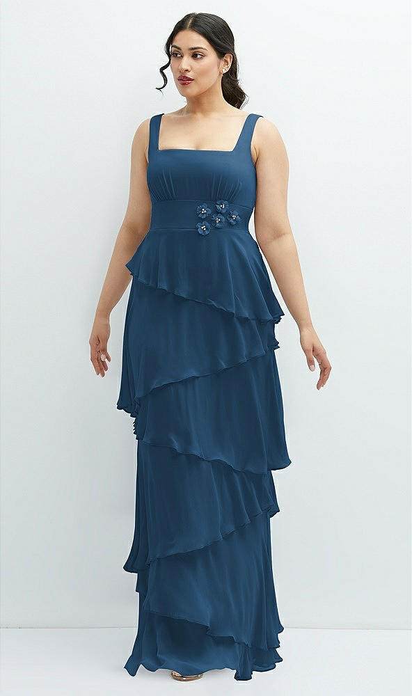 Front View - Dusk Blue Asymmetrical Tiered Ruffle Chiffon Maxi Dress with Handworked Flowers Detail