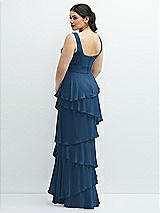 Rear View Thumbnail - Dusk Blue Asymmetrical Tiered Ruffle Chiffon Maxi Dress with Handworked Flowers Detail