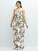 Front View Thumbnail - Palm Beach Print Asymmetrical Tiered Ruffle Chiffon Maxi Dress with Handworked Flowers Detail