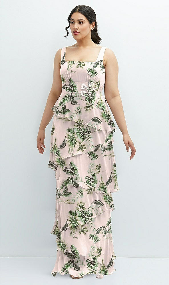 Front View - Palm Beach Print Asymmetrical Tiered Ruffle Chiffon Maxi Dress with Handworked Flowers Detail