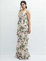Side View Thumbnail - Palm Beach Print Asymmetrical Tiered Ruffle Chiffon Maxi Dress with Handworked Flowers Detail