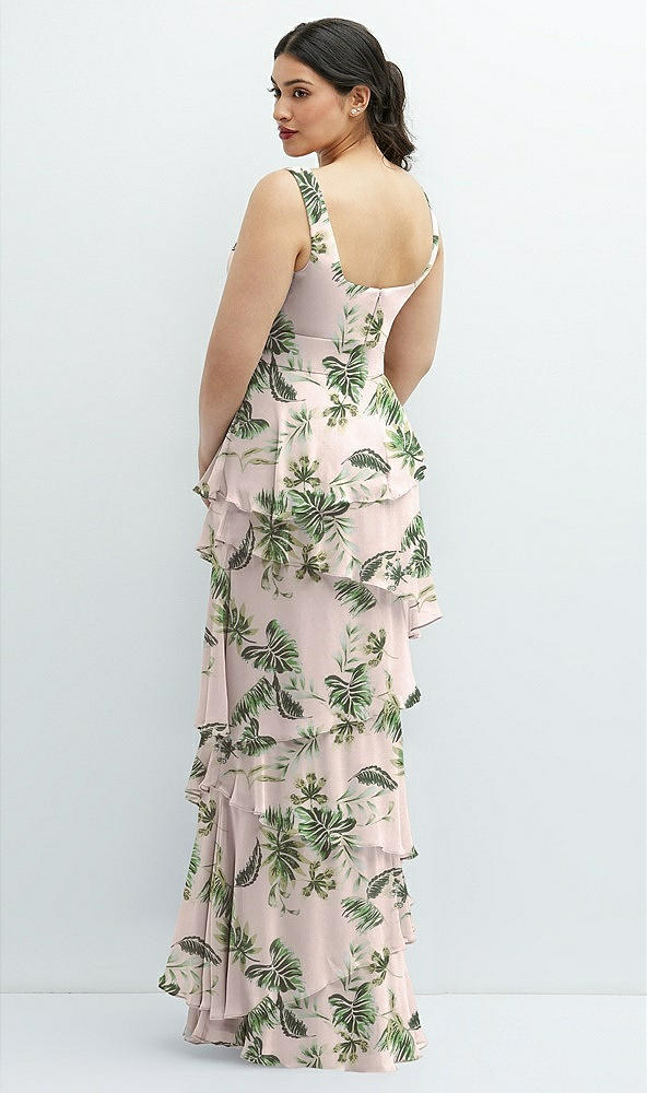 Back View - Palm Beach Print Asymmetrical Tiered Ruffle Chiffon Maxi Dress with Handworked Flowers Detail