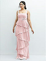 Front View Thumbnail - Ballet Pink Asymmetrical Tiered Ruffle Chiffon Maxi Dress with Handworked Flowers Detail