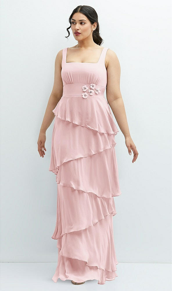 Front View - Ballet Pink Asymmetrical Tiered Ruffle Chiffon Maxi Dress with Handworked Flowers Detail