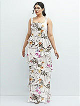 Front View Thumbnail - Butterfly Botanica Ivory Asymmetrical Tiered Ruffle Chiffon Maxi Dress with Handworked Flowers Detail